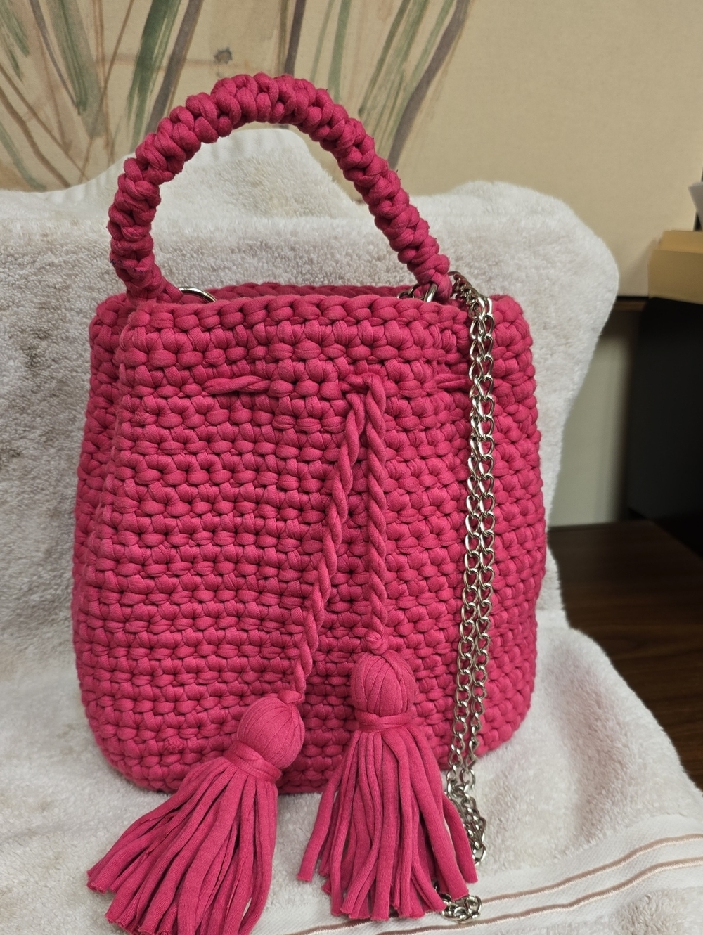 Fuchsia Crochet Drawstring Bag- Chunky Knit Purse with Tassels & DetachableChain